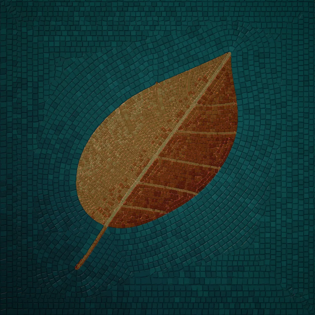 A copper leaf with a gold midrib on deep teal glass.