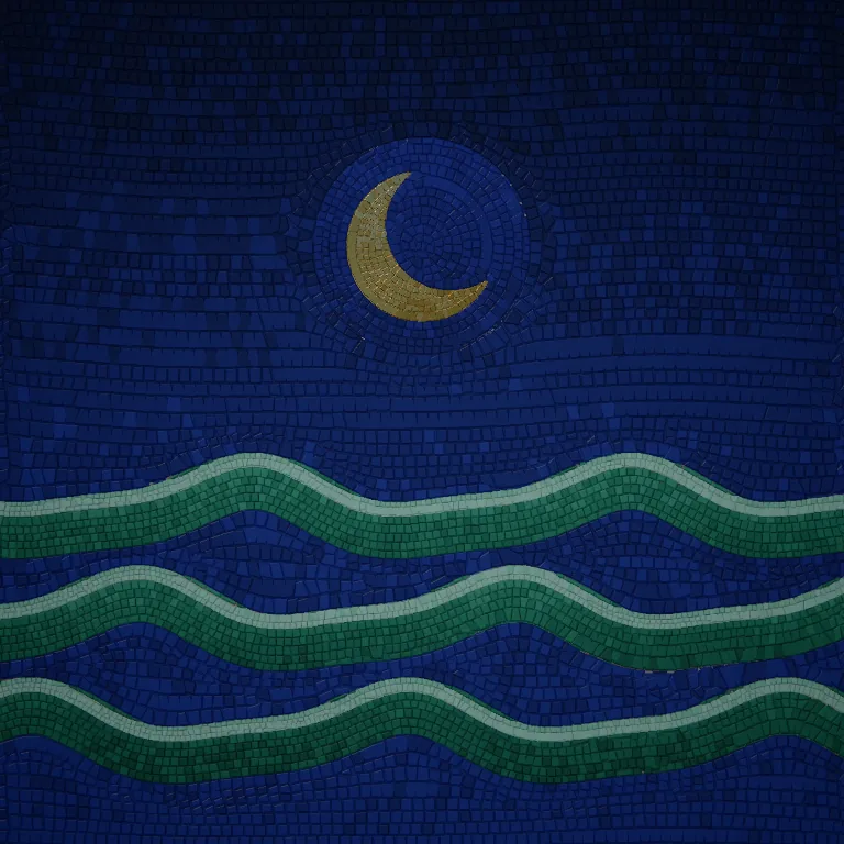 A gold crescent moon above three green waves on blue glass.