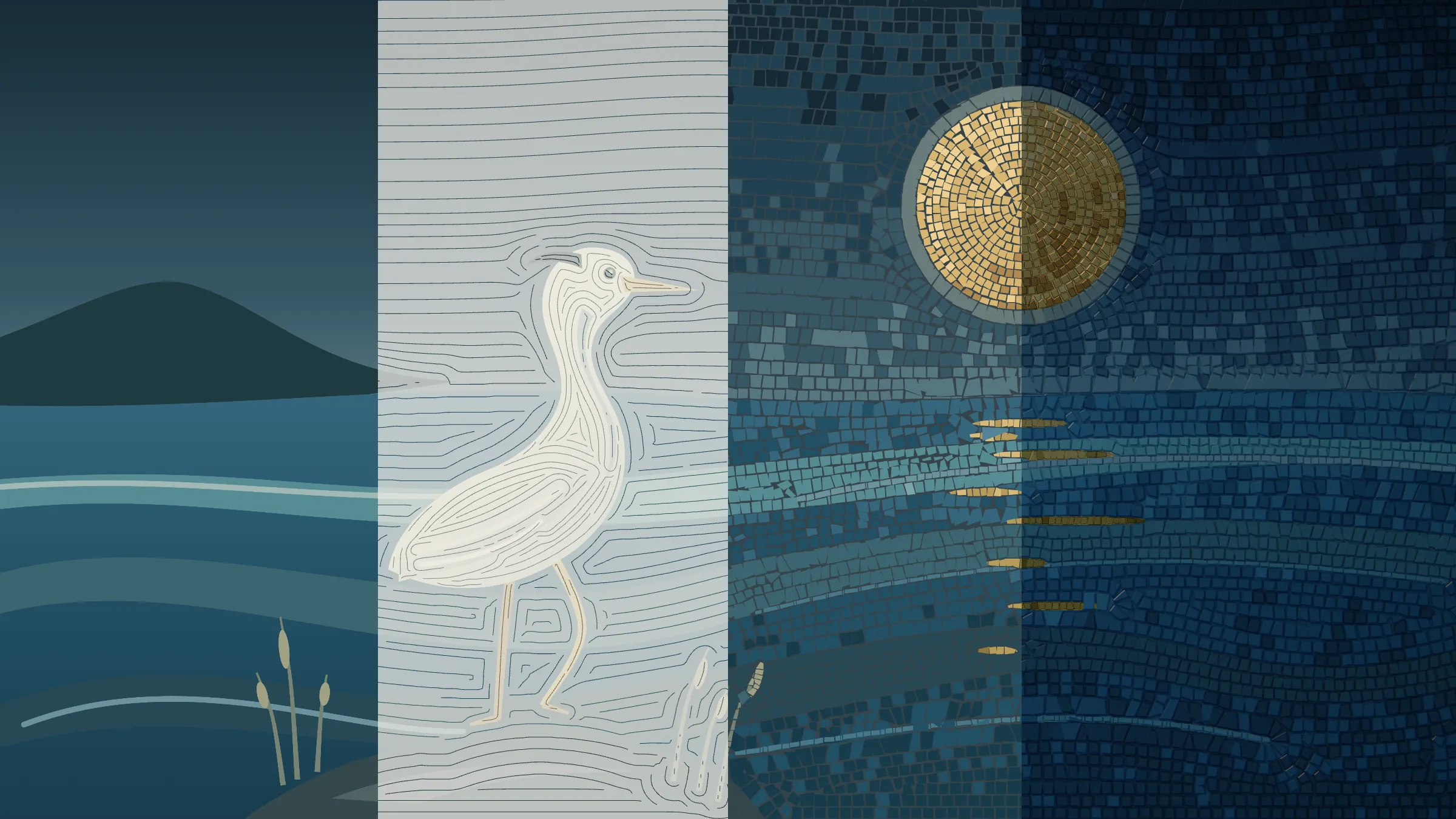 One frame of the heron mosaic in four vertical bands: a flat painting, then the heron drawn as lines that follow its outline, then flat cut stones on dark mortar, then the finished, lit stones around the gold moon.